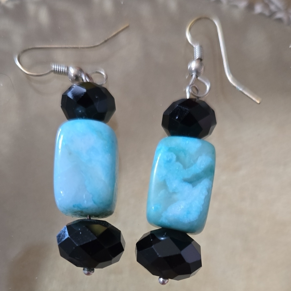 Striking Blue and Black Dangle Earrings with Turquoise Center